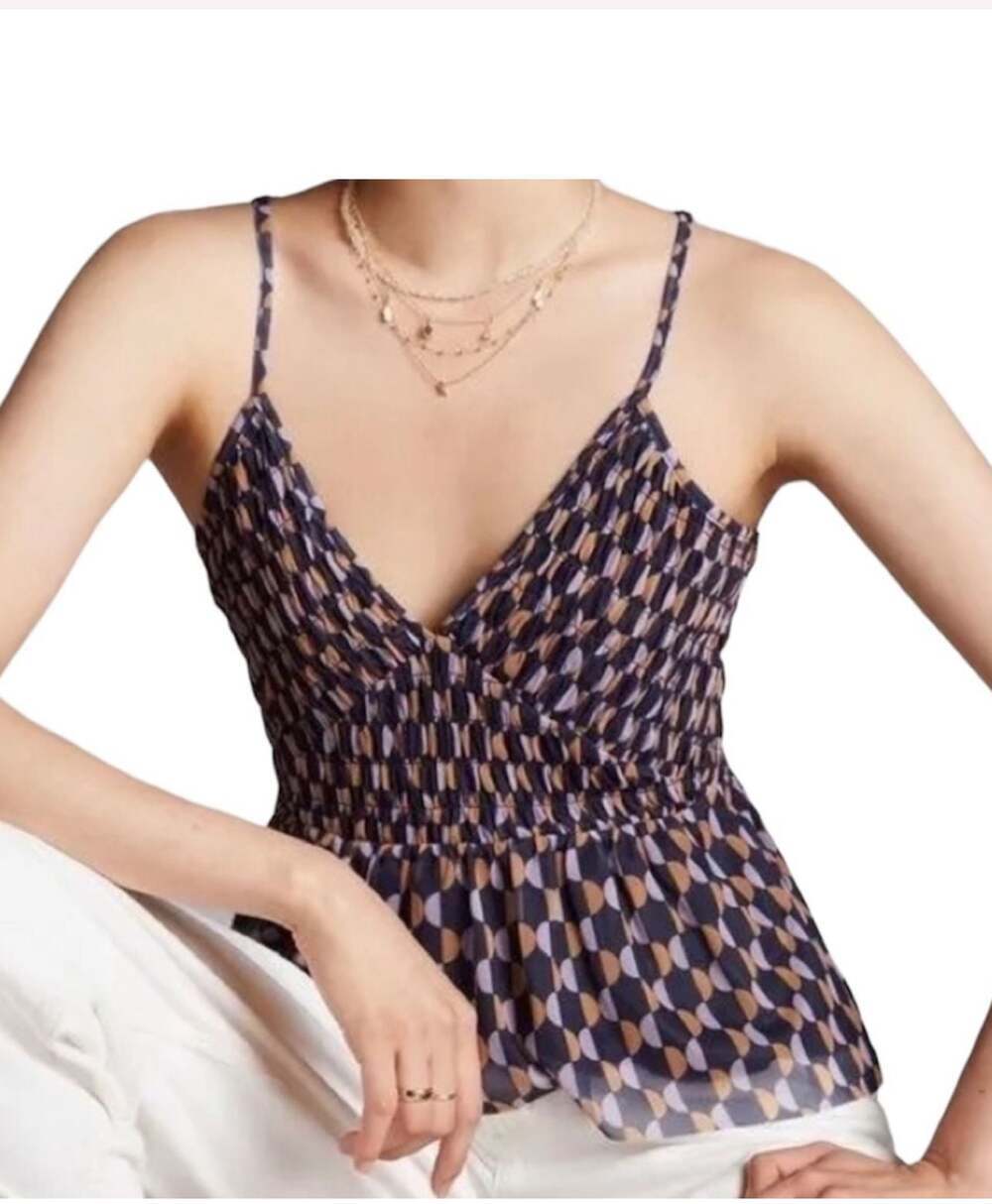 Anthropologie Geometric Print Smocked Mesh Top